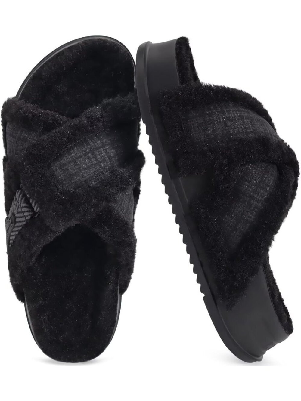 Women's Black Fuzzy Cross Band Platform Slippers Comfortable Indoor Outdoor